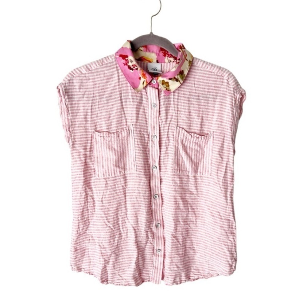CAbi Pink Linen Blend‎ Merger Top SIze Small Floral Collar Soft Girl Preppy 6512